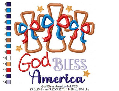 🌟 God Bless America with Stars & Crosses 🇺🇸 – Applique – Machine Embroidery Design