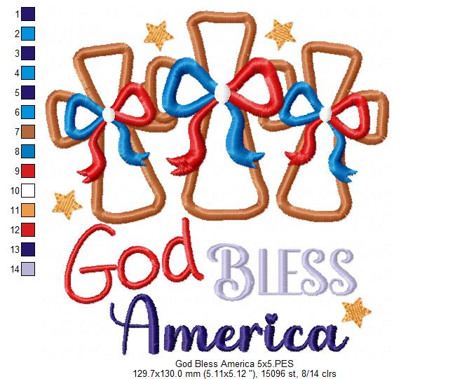 🌟 God Bless America with Stars & Crosses 🇺🇸 – Applique – Machine Embroidery Design