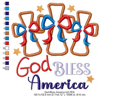🌟 God Bless America with Stars & Crosses 🇺🇸 – Applique – Machine Embroidery Design