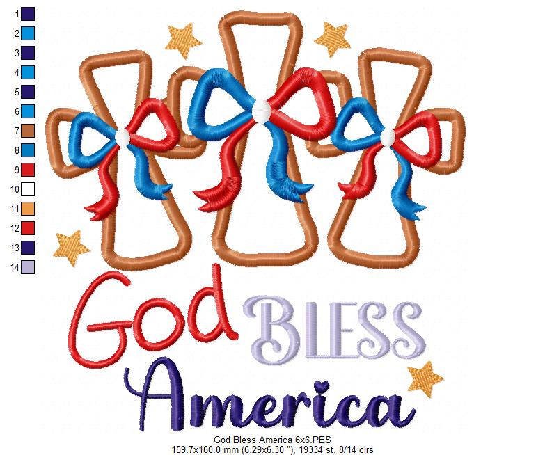 🌟 God Bless America with Stars & Crosses 🇺🇸 – Applique – Machine Embroidery Design