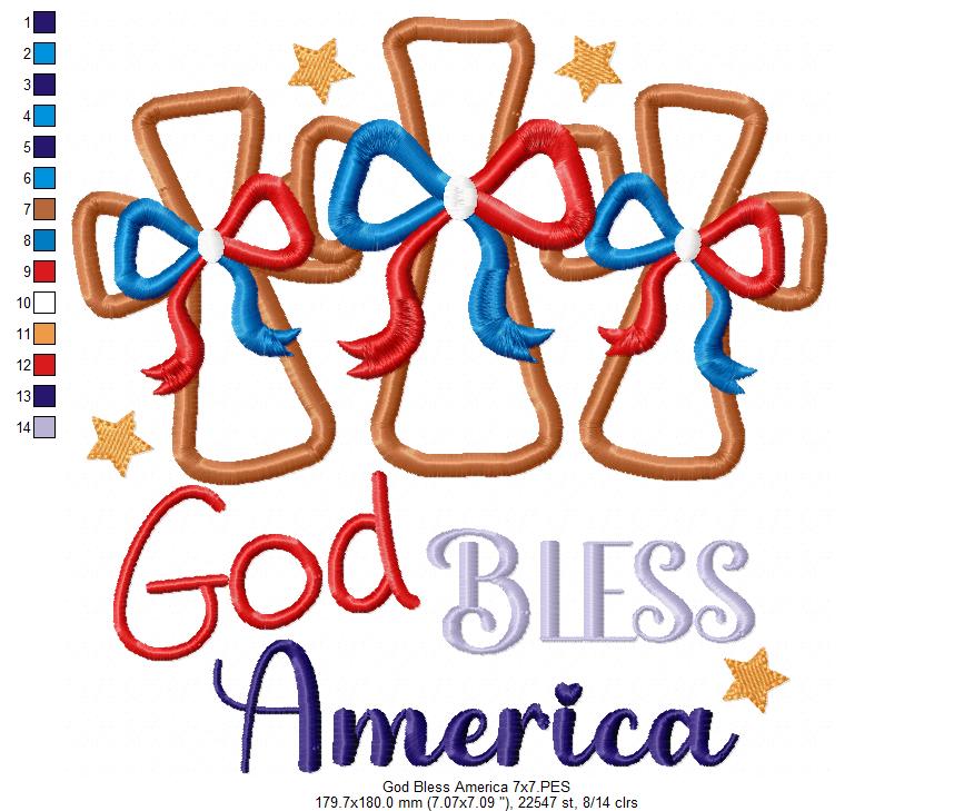 🌟 God Bless America with Stars & Crosses 🇺🇸 – Applique – Machine Embroidery Design