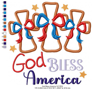 🌟 God Bless America with Stars & Crosses 🇺🇸 – Applique – Machine Embroidery Design