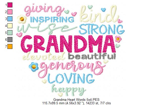 Grandma Heart Words - Fill Stitch - Machine Embroidery Design