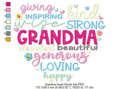 Grandma Heart Words - Fill Stitch - Machine Embroidery Design