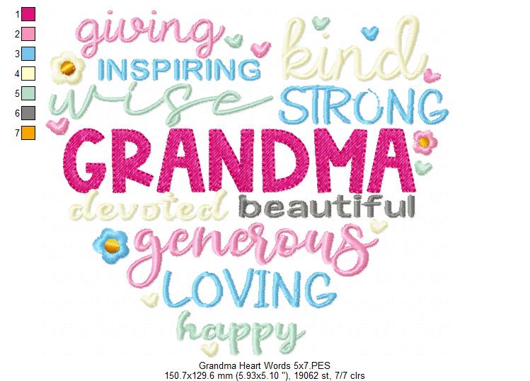 Grandma Heart Words - Fill Stitch - Machine Embroidery Design