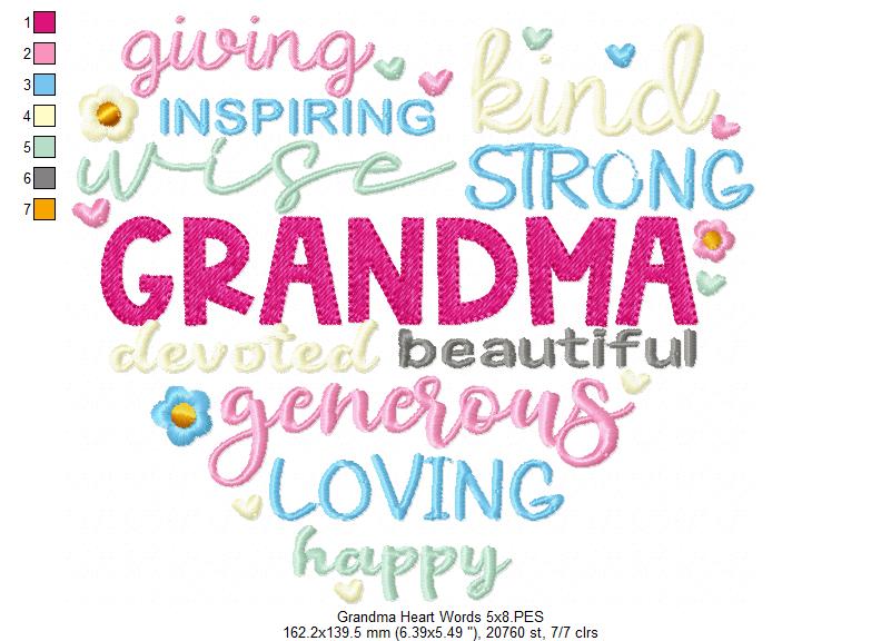 Grandma Heart Words - Fill Stitch - Machine Embroidery Design