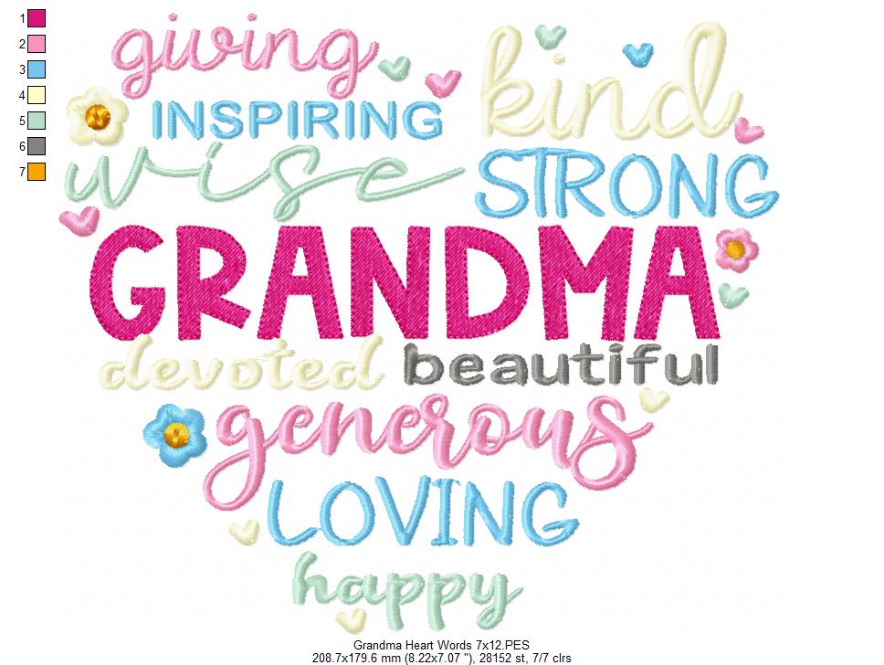 Grandma Heart Words - Fill Stitch - Machine Embroidery Design