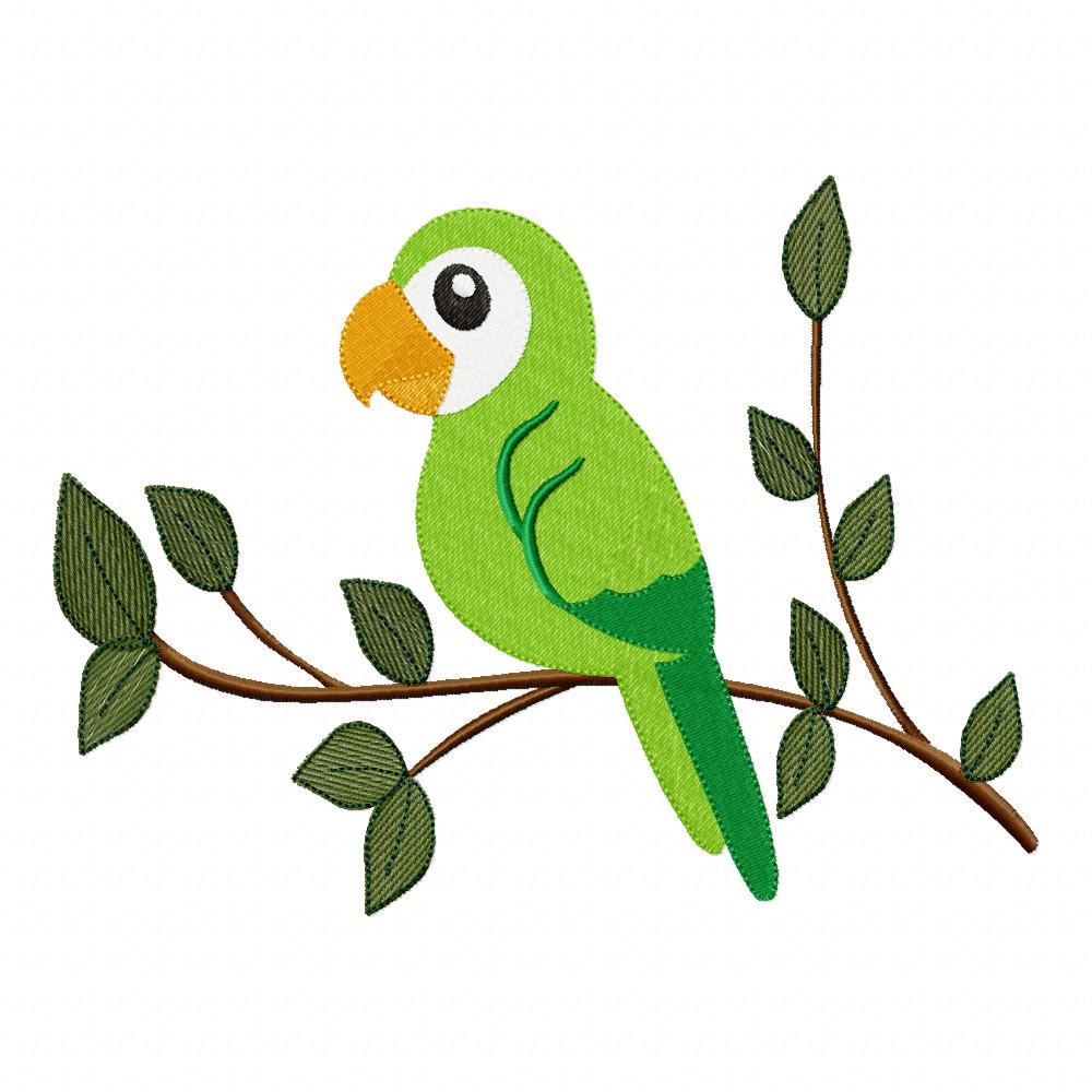 Tropical Green Parrot on the Branch - Fill Stitch - Machine Embroidery Design