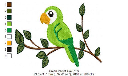 Sweet Green Parrot on Branch - Fill Stitch – Machine Embroidery Design