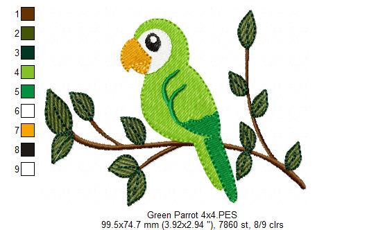 Tropical Green Parrot on the Branch - Fill Stitch - Machine Embroidery Design