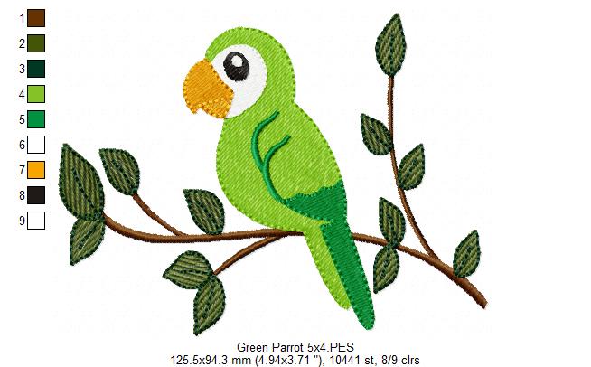 Tropical Green Parrot on the Branch - Fill Stitch - Machine Embroidery Design