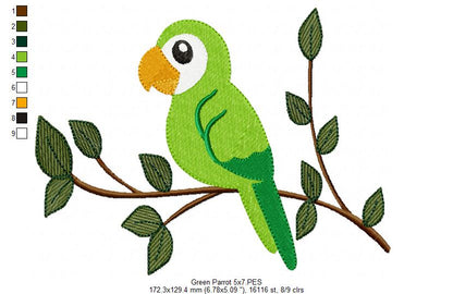 Sweet Green Parrot on Branch - Fill Stitch – Machine Embroidery Design
