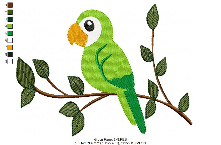 Tropical Green Parrot on the Branch - Fill Stitch - Machine Embroidery Design