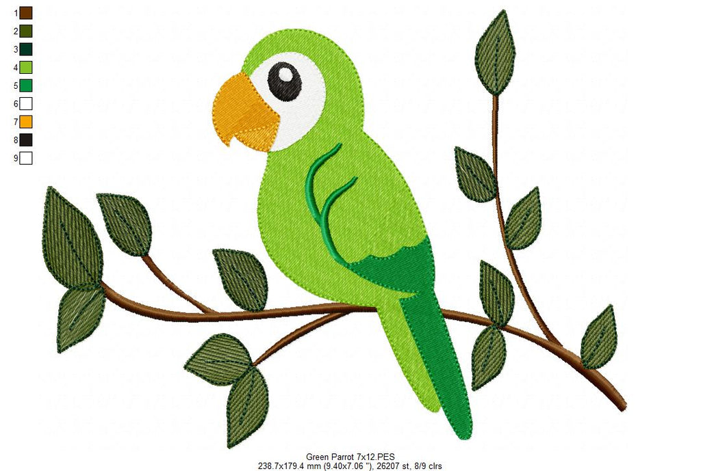 Tropical Green Parrot on the Branch - Fill Stitch - Machine Embroidery Design