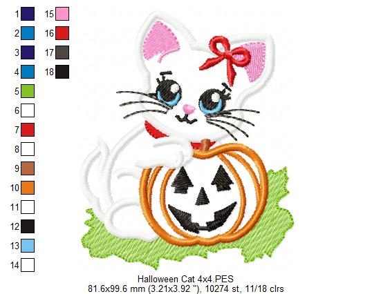 Halloween Cat Girl and Pumpkin - Applique - Machine Embroidery Design