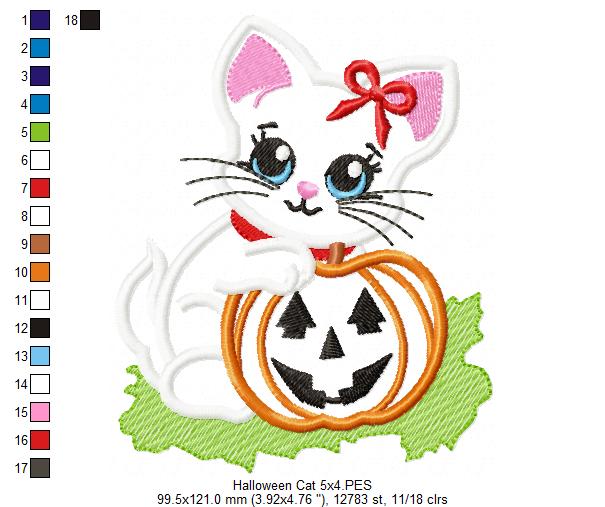 Halloween Cat Girl and Pumpkin - Applique - Machine Embroidery Design