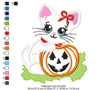 Halloween Cat Girl and Pumpkin - Applique - Machine Embroidery Design
