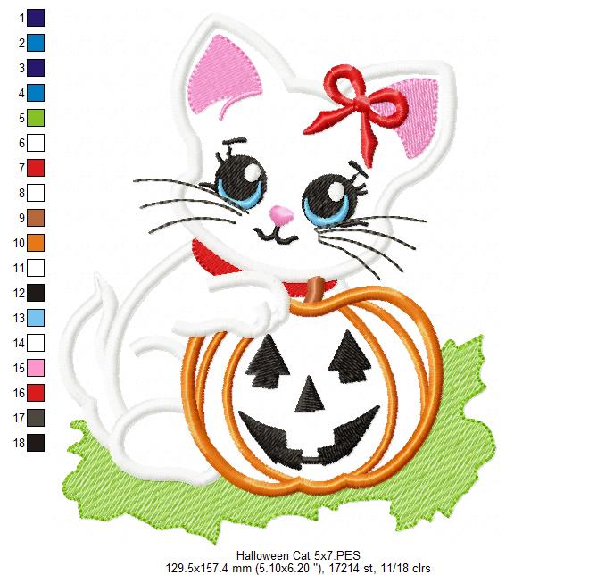 Halloween Cat Girl and Pumpkin - Applique - Machine Embroidery Design