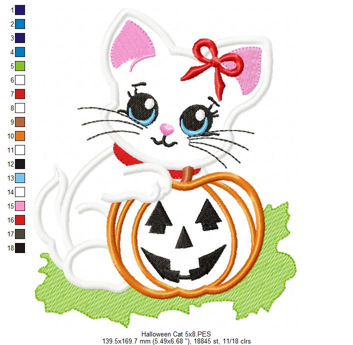 Halloween Cat Girl and Pumpkin - Applique Embroidery