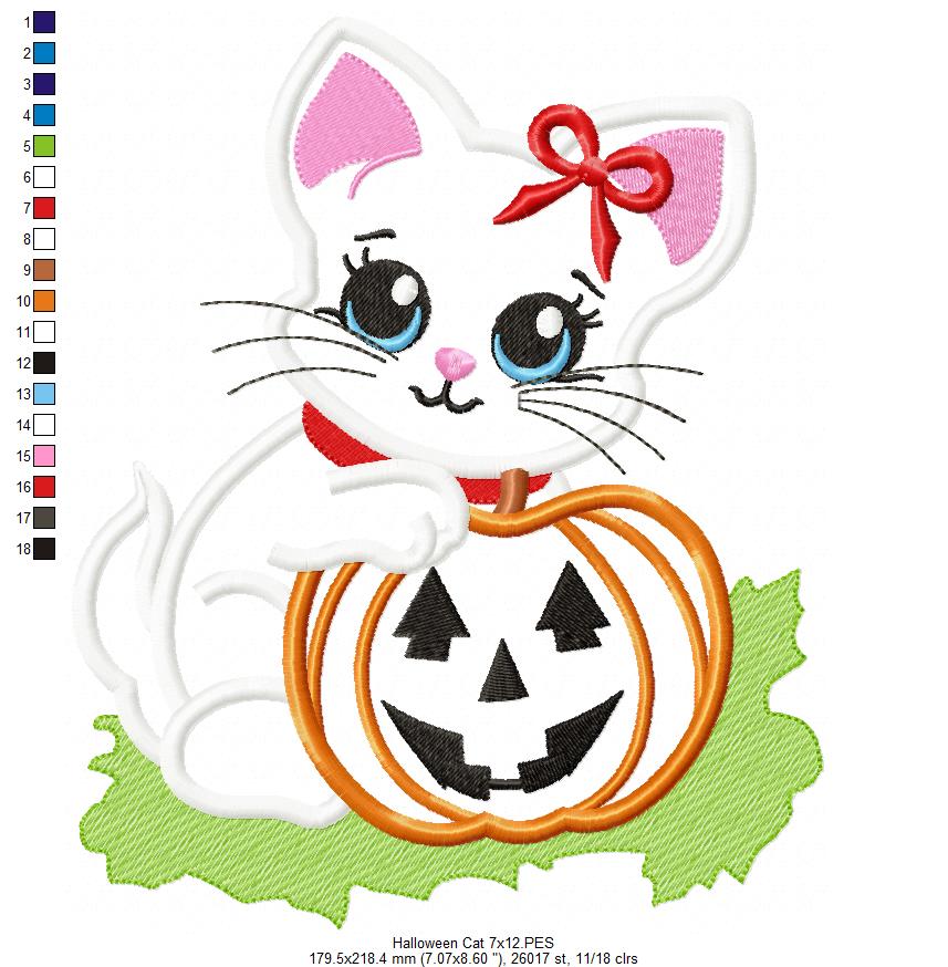 Halloween Cat Girl and Pumpkin - Applique - Machine Embroidery Design