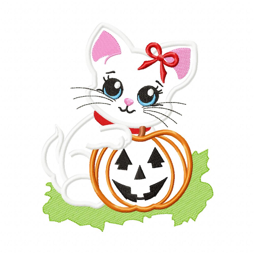 Halloween Cat Girl and Pumpkin - Applique Embroidery