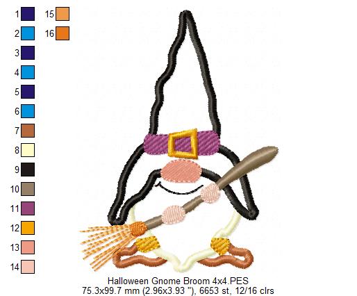 Halloween Gnome with a Broom - Applique Embroidery