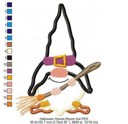Halloween Gnome with a Broom - Applique Embroidery