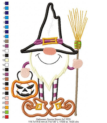Halloween Gnome Broom - Applique Machine Embroidery Design