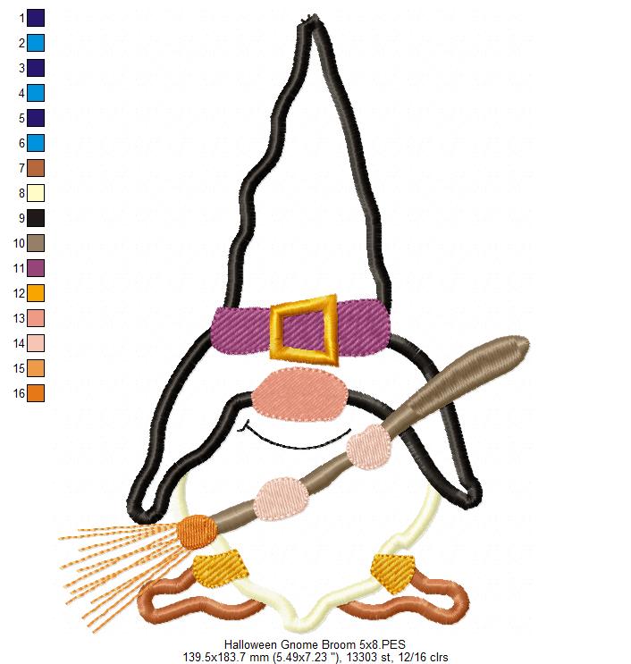Halloween Gnome with a Broom - Applique Embroidery