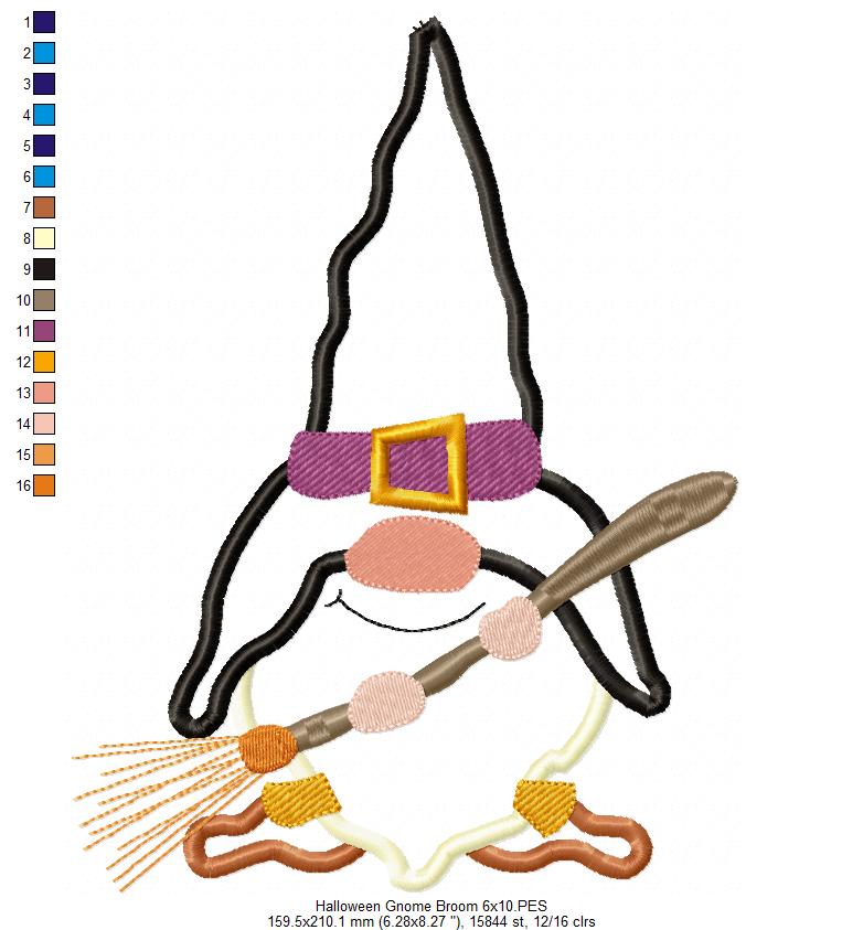Halloween Gnome with a Broom - Applique Embroidery