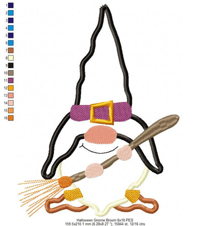 Halloween Gnome with a Broom - Applique Embroidery
