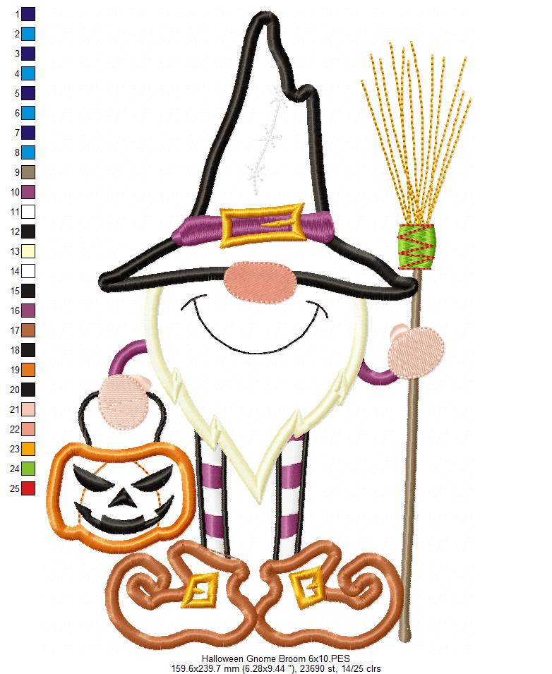 Halloween Gnome Broom - Applique Machine Embroidery Design