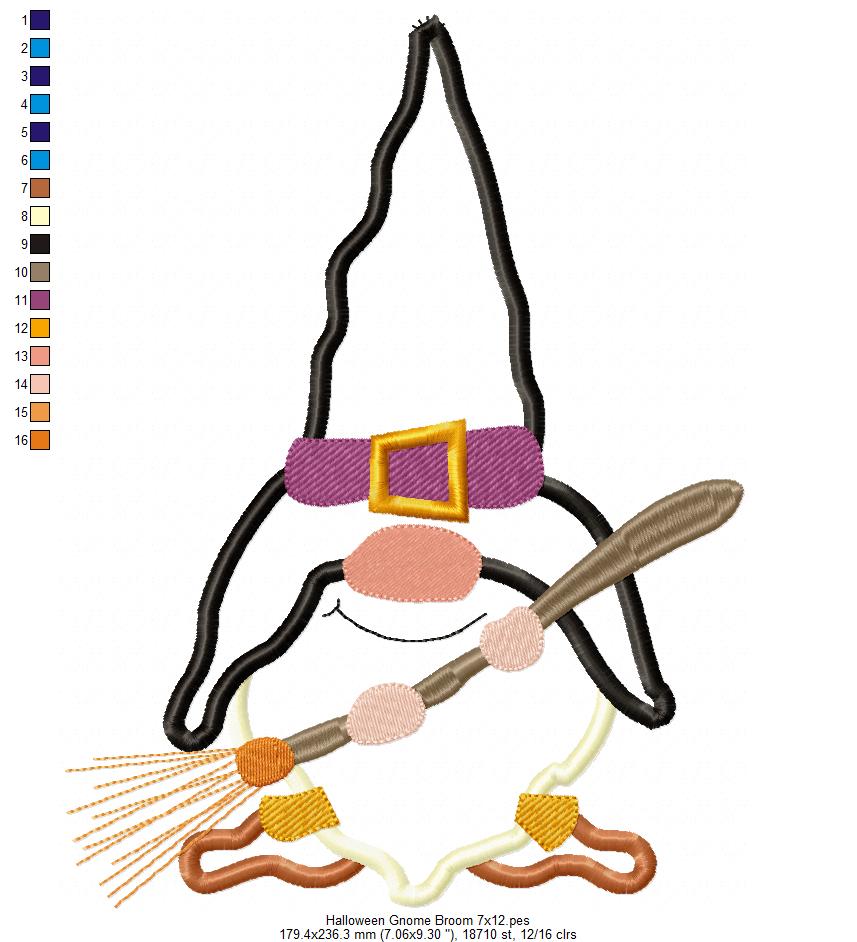 Halloween Gnome with a Broom - Applique Embroidery