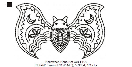 Halloween Boho Bat - Redwork - Machine Embroidery Design