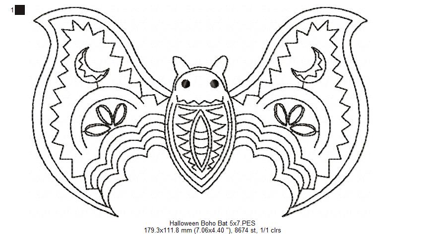 Halloween Boho Bat - Redwork - Machine Embroidery Design