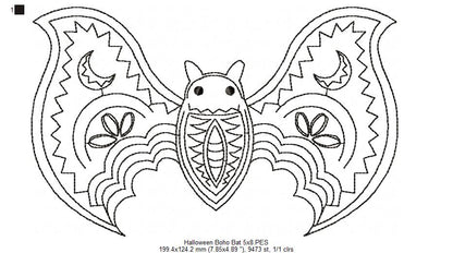 Halloween Boho Bat - Redwork - Machine Embroidery Design
