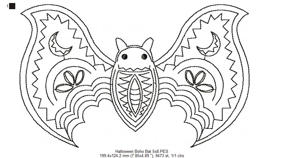 Halloween Boho Bat - Redwork - Machine Embroidery Design