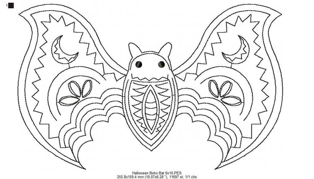 Halloween Boho Bat - Redwork - Machine Embroidery Design