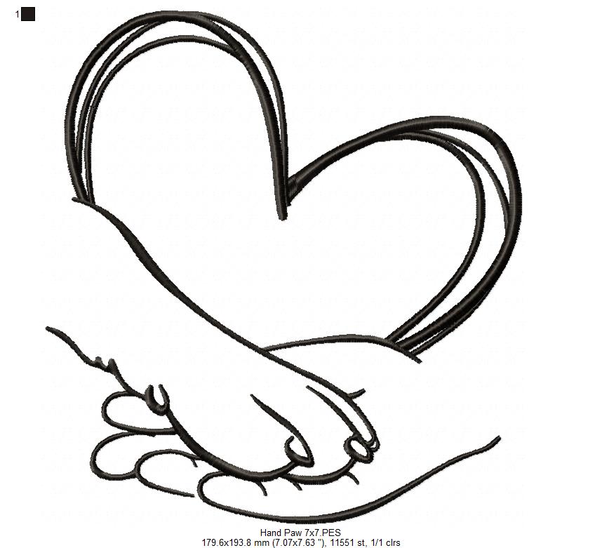 Heart Paw and Hand - Fill Stitch - Machine Embroidery Design