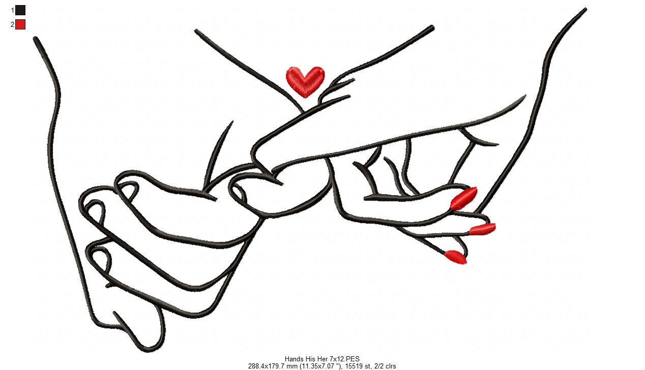 Holding Hands His & Her - Fill Stitch - Machine Embroidery Design
