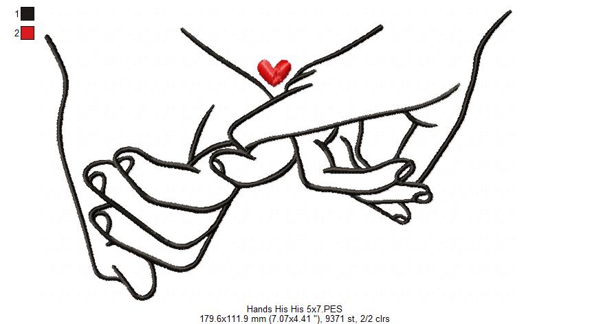 Holding Hands His & His - Fill Stitch - Machine Embroidery Design