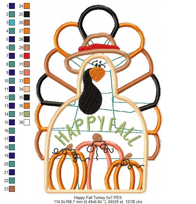 Happy Fall Turkey Vase Ornament - ITH Project - Machine Embroidery Design