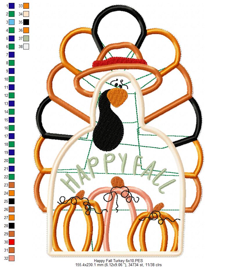 Happy Fall Turkey Vase Ornament - ITH Project - Machine Embroidery Design