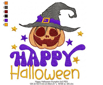 Happy Halloween Witch Pumpkin - Rippled Stitch - Machine Embroidery Design