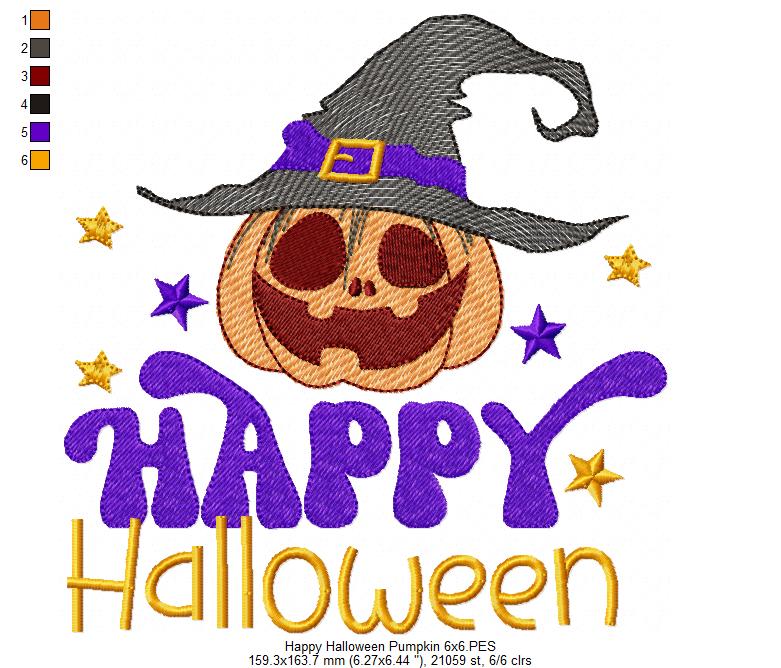 Happy Halloween Witch Pumpkin - Rippled Stitch - Machine Embroidery Design