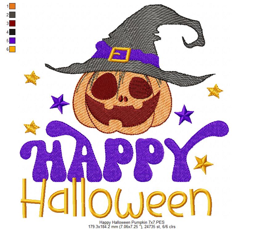 Happy Halloween Witch Pumpkin - Rippled Stitch - Machine Embroidery Design