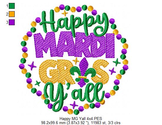 Happy Mardi Gras Y'all - Rippled Stitch - Machine Embroidery Design