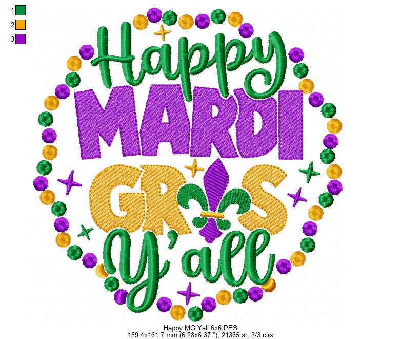 Happy Mardi Gras Y'all - Rippled Stitch - Machine Embroidery Design