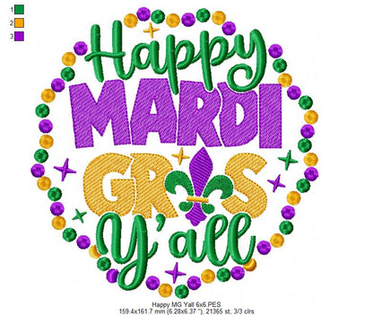 Happy Mardi Gras Y'all - Rippled Stitch - Machine Embroidery Design
