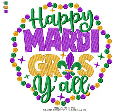 Happy Mardi Gras Y'all - Rippled Stitch - Machine Embroidery Design
